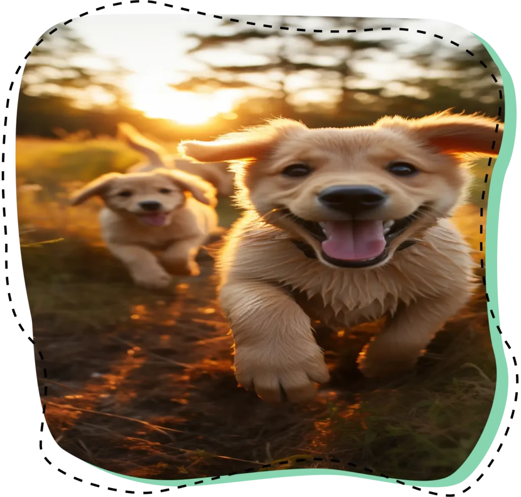 Dos cachorros de golden retriever corriendo por el campo bajo la luz del atardecer